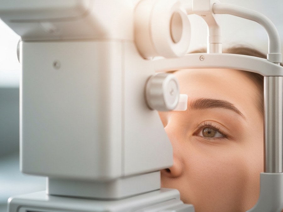 Augenarzt bei der Untersuchung eines Patienten mit einem modernen optischen Gerät in einer freundlichen Praxis.
