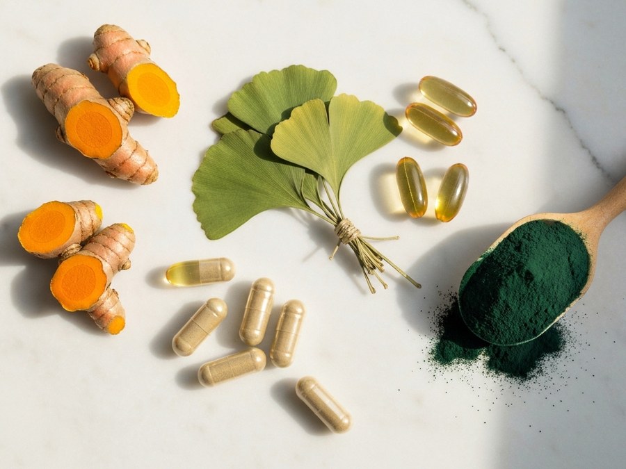 Ästhetische Anordnung von verschiedenen natürlichen Kräutern, Vitaminpräparaten und Nahrungsergänzungsmitteln auf einem Holztisch.